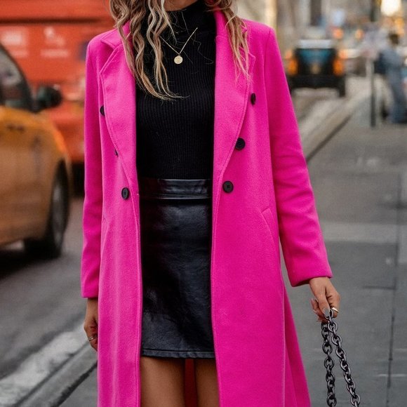 Chic Lapel Neck Double Breasted Overcoat Pink - Picture 4 of 4
